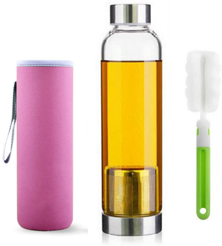 550ml Portable and Stylish Glass Tea Bottle with Stainless Steel Filter Basket Tea Infuser Strainer Portable Glass Teapot - For Brewing Hot & Iced Tea, Free Bottle Sleeve and Brush
