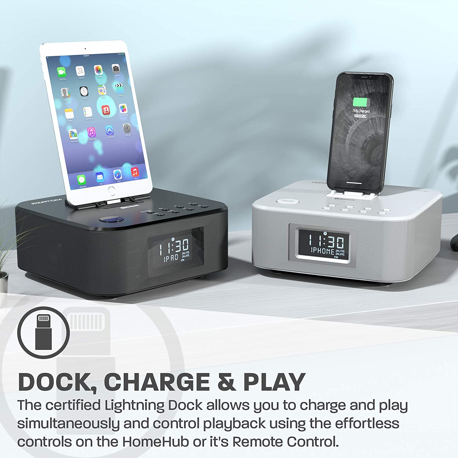 AZATOM Homehub Clock Radio Alarm Lightning Docking station speaker 30W Bluetooth for iPhone 11, Pro Max 11, XR, XS, X, 8, 7, 6, 5, SE, Touch 6G 5G, iPad.