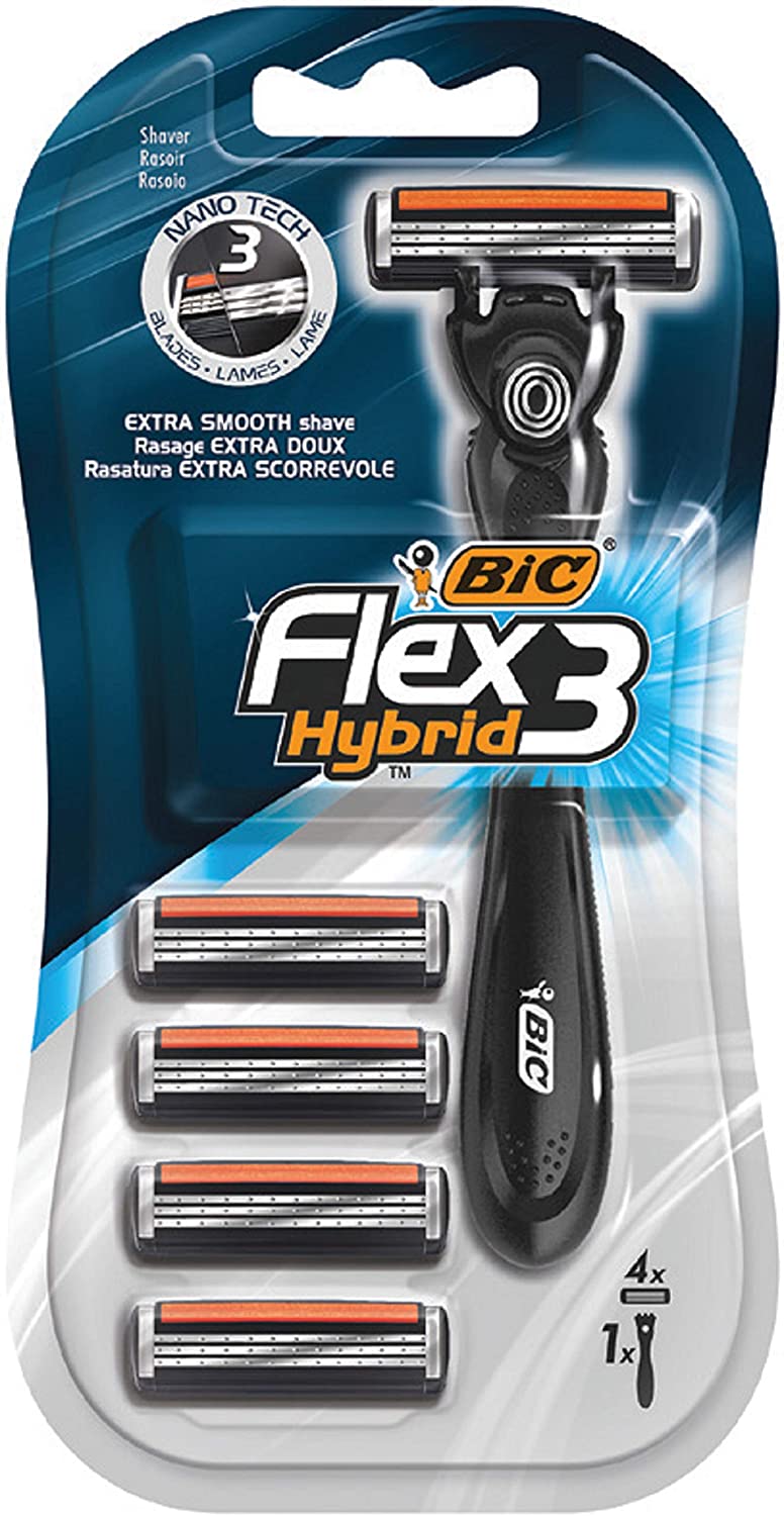 Bic Flex 3 Hybrid Men's Triple-Blade Razors, Pack with 1 Handle + 4 Refills - with 3 Moveable Blades and Pivoting Head for an Extra Smooth and Precise Shave