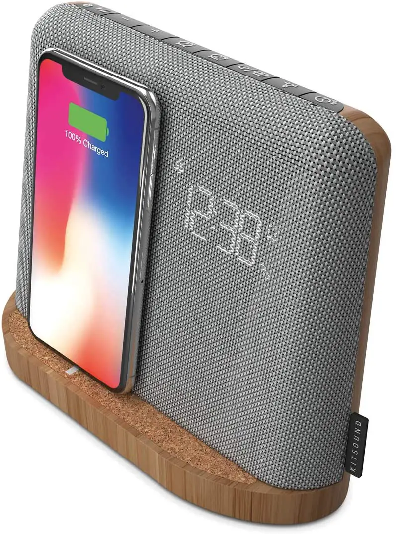 KitSound XDock Qi Charger Wireless Bluetooth Speaker Charging Dock with FM Radio for iPhone 8/X/XS/XR/XS Max/11/11 Pro/11 Pro Max, Samsung S6/S7/S8/S9/S10/S10+/S10e - Silver/Brown