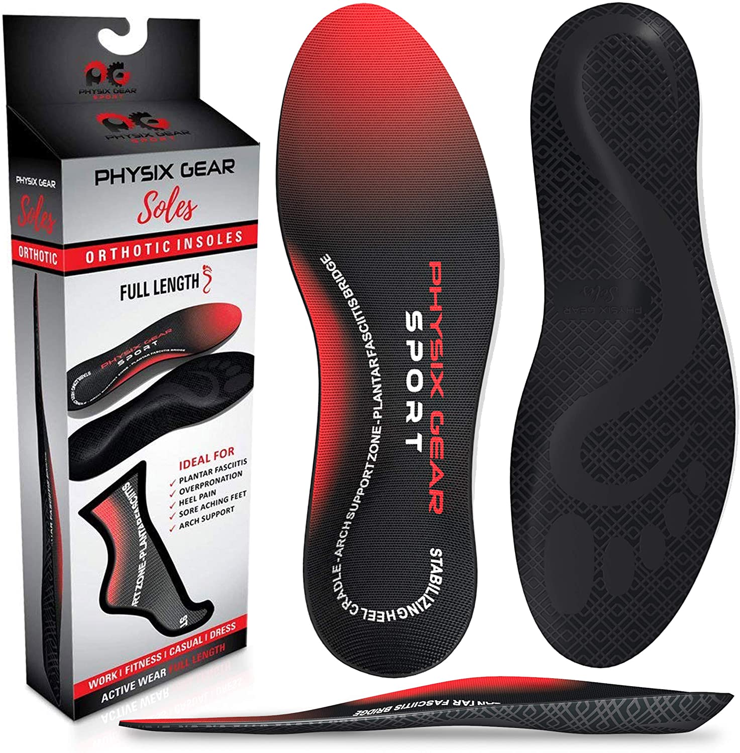 Physix Gear Sport Full Length Orthotic Inserts with Arch Support - Best Shoe Insoles for Plantar Fasciitis, Running, Flat Feet, Heel Spurs & Foot Pain - For Men & Women