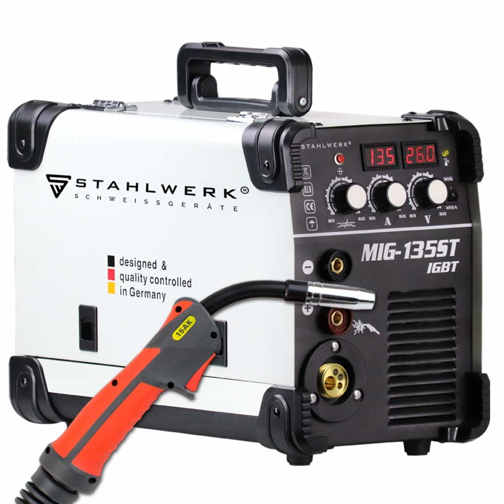 STAHLWERK MIG 135 ST IGBT - MIG MAG inert gas inverter welder with 135 Ampere, suitable for Flux Cored Wire, with MMA ARC Stick, white, 7 years warranty