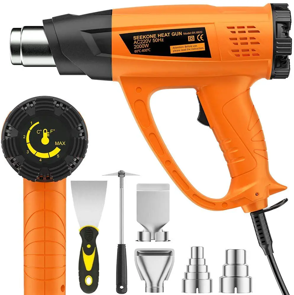 2000W Heat Gun, SEEKONE Hot Air Gun Kit Variable Temperature 60℃- 600℃ with 2 Speed Setting 4 Nozzles with Scraper, for Removing Paint, Varnish, Shrinking PVC, Crafts and More DIY Home Improvement