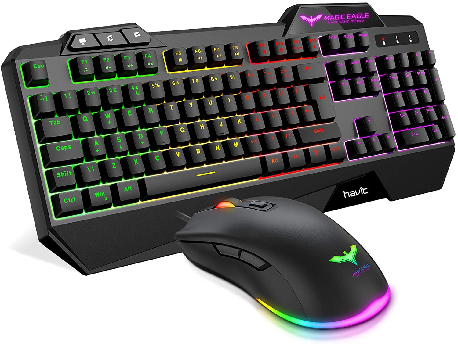 Gaming Keyboard {UK Layout}, HAVIT Rainbow LED Backlit Wired Keyboard and Mouse Combo Set, Black