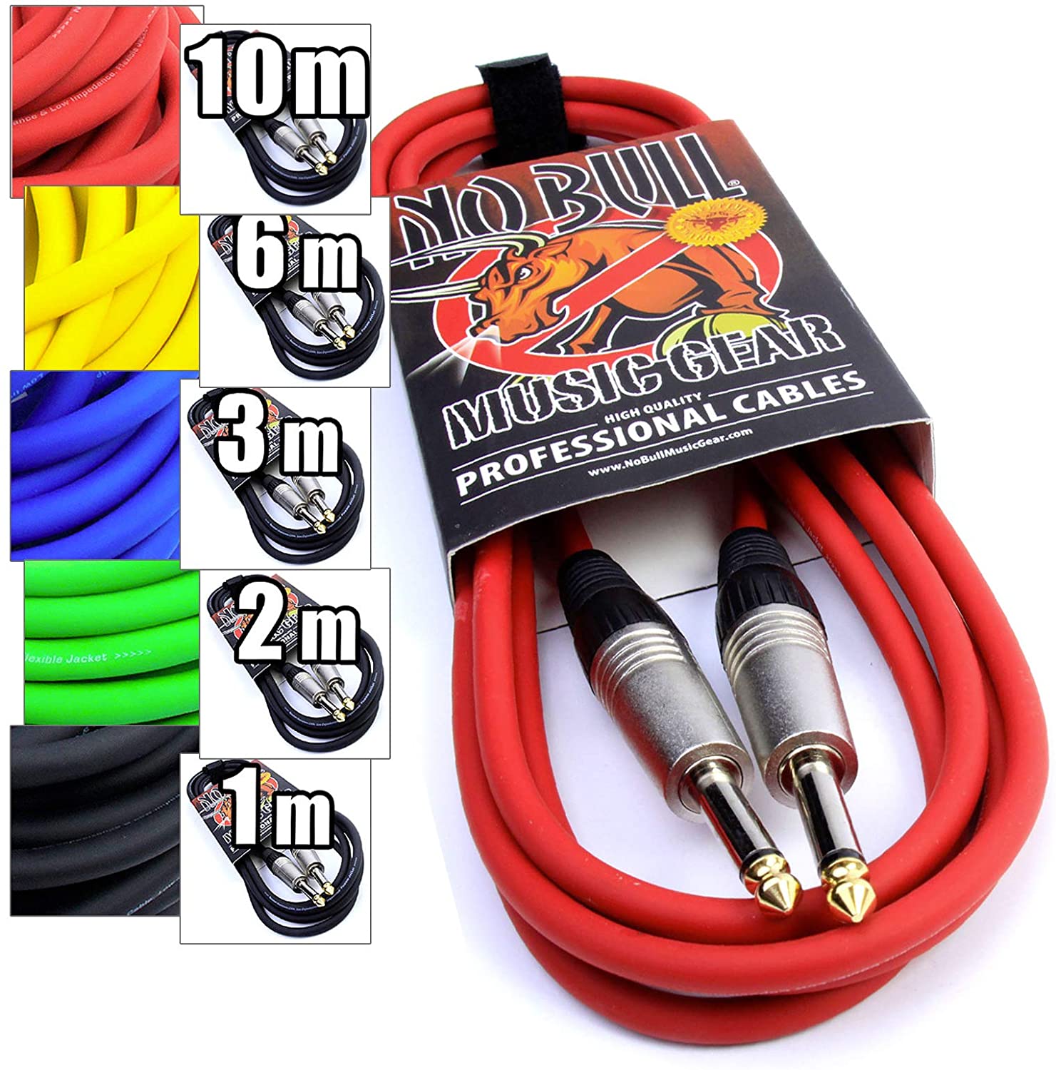 Premium Guitar/Instrument Cable (Red, 10ft / 3m, Straight Plugs) - Heavy Duty Pro 1/4" Jack to Jack Noiseless Mono Lead - Coloured Link Lead to Amplifier/Amp + Cable Tie