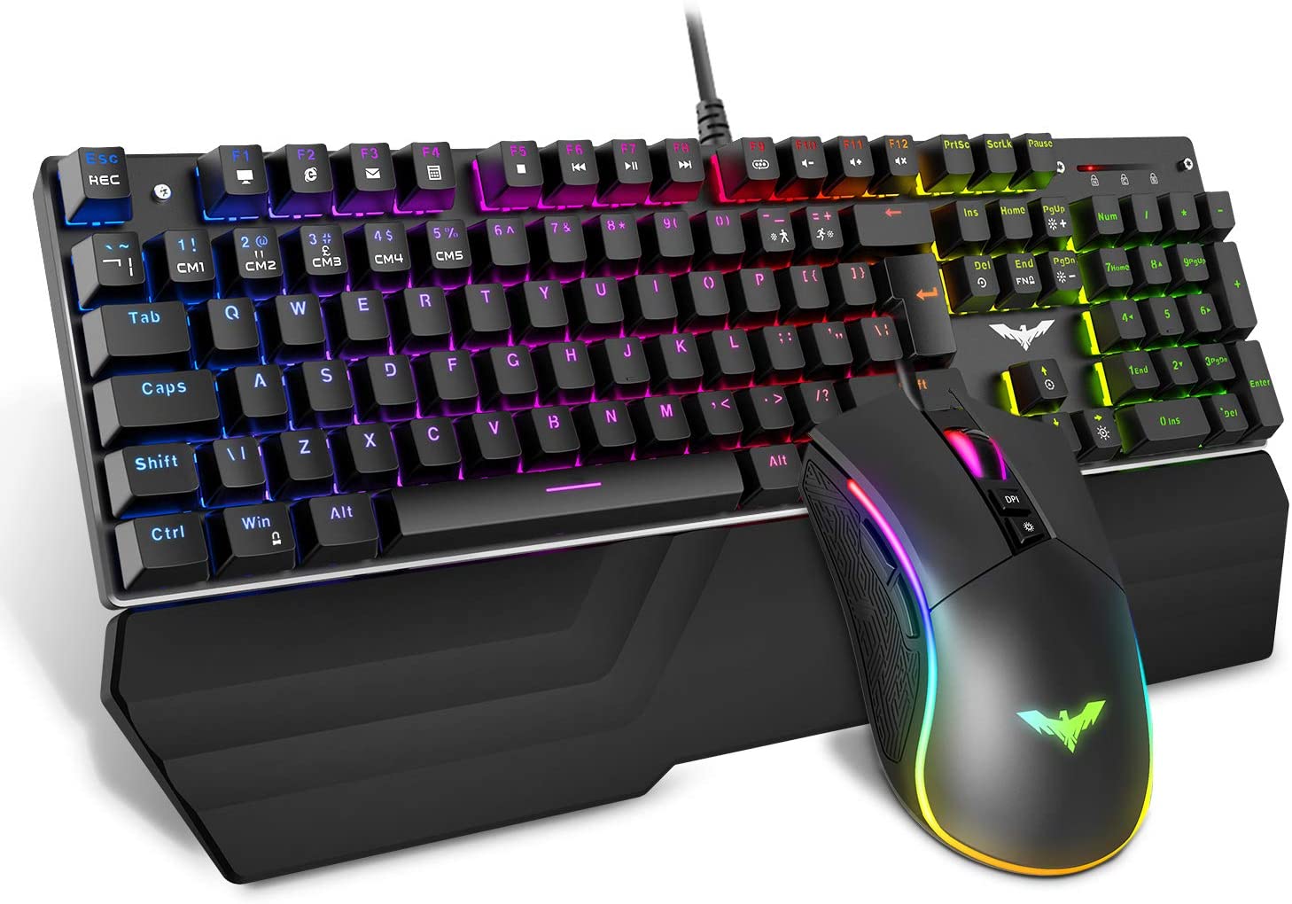 havit Wired RGB Mechanical Gaming Keyboard and Mouse Combo Set UK Layout, Blue Switch Mechanical Keyboard with Detachable Ergonomic Wrist Rest 4800Dots Per Inch Programmable Wired Mouse,Black