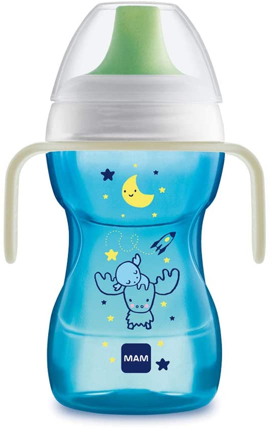 MAM Fun to Drink Cup and Glow Handles, Baby Bottle with Handles, Spill-Free Sippy Cup, Transition Drink Bottle for Babies and Toddlers, Blue