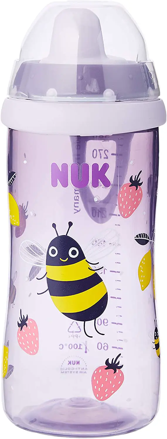 NUK First Choice Kiddy Cup Toddler Cup | 12 Months+ | 300 ml | Leak Proof with Tough Spout | BPA-Free | Bee (Purple)