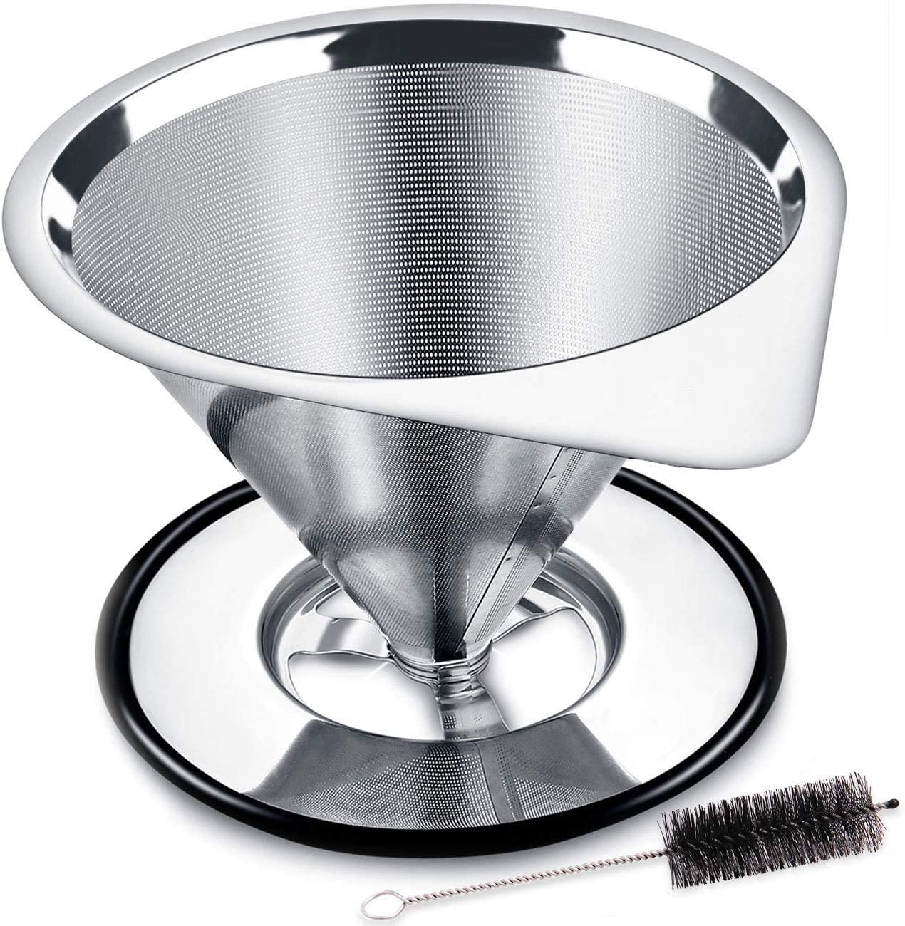 Pour Over Coffee Dripper Stainless Steel Coffee Filter Reusable Paperless Permanent Drip Cone Coffee Filter with Separate Stand and Cleaning Brush for 1-2 Cups